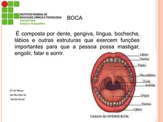 BOCA
É composta por dente, gengiva, língua, bochecha,
lábios e outras estruturas que exercem funções
importantes para que a pessoa possa mastigar,
engolir, falar e sorrir.
20 de Março
dia Mundial da
Saúde Bucal
 
