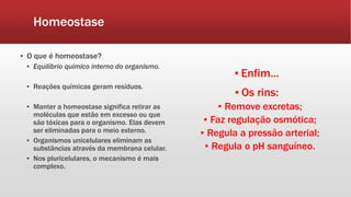 Homeostase
▪ O que é homeostase?
▪ Equilíbrio químico interno do organismo.
▪ Reações químicas geram resíduos.
▪ Manter a homeostase significa retirar as
moléculas que estão em excesso ou que
são tóxicas para o organismo. Elas devem
ser eliminadas para o meio externo.
▪ Organismos unicelulares eliminam as
substâncias através da membrana celular.
▪ Nos pluricelulares, o mecanismo é mais
complexo.
▪ Enfim...
▪ Os rins:
▪ Remove excretas;
▪ Faz regulação osmótica;
▪ Regula a pressão arterial;
▪ Regula o pH sanguíneo.
 