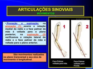 ARTICULAÇÕES SINOVIAIS
MOVIMENTOS
• Pronação e supinação: na
pronação (1) ocorre a rotação
medial do rádio e a face palmar...