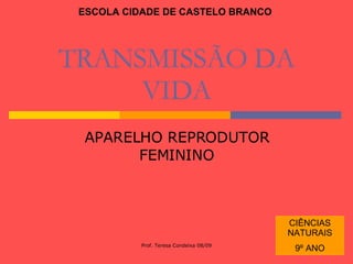 TRANSMISSÃO DA VIDA APARELHO REPRODUTOR FEMININO ESCOLA CIDADE DE CASTELO BRANCO CIÊNCIAS NATURAIS 9º ANO 
