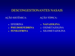 DESCONGESTIONANTES NASAIS
AÇÃO SISTÊMICA:
 EFEDRINA
 PSEUDOEFEDRINA
 FENILEFRINA
AÇÃO TÓPICA:
 NAFAZOLINA
 OXIMETAZOLINA
 XILOMETAZOLINA
 