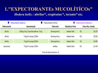 1."EXPECTORANTEs MUCOLÍTÍCOs"
Hedera helix : abrilar®, respiratus ®, torante® etc.
 