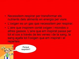 Necessitem respirar per transformar els nutrients  dels aliments en energia per viure. L’oxigen es un gas que necessitem per respirar. L’aire que inspirem conté oxigen i microbis o altres gassos. L’aire que em inspirat passa per tot el cos a través de les venes i de la sang, la sang agafa tot l’oxigen que em inspirat i el reparteix Perquè respirem? 