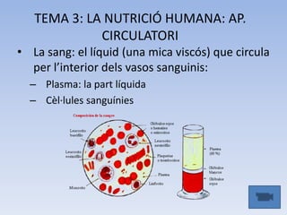 TEMA 3: LA NUTRICIÓ HUMANA: AP.
CIRCULATORI
• La sang: el líquid (una mica viscós) que circula
per l’interior dels vasos sanguinis:
– Plasma: la part líquida
– Cèl·lules sanguínies

 
