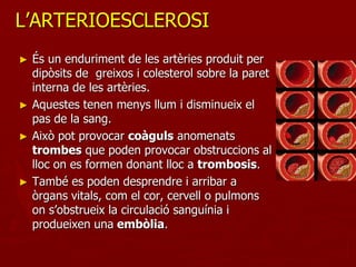 L’ARTERIOESCLEROSI
► És un enduriment de les artèries produit per
  dipòsits de greixos i colesterol sobre la paret
  interna de les artèries.
► Aquestes tenen menys llum i disminueix el
  pas de la sang.
► Això pot provocar coàguls anomenats
  trombes que poden provocar obstruccions al
  lloc on es formen donant lloc a trombosis.
► També es poden desprendre i arribar a
  òrgans vitals, com el cor, cervell o pulmons
  on s’obstrueix la circulació sanguínia i
  produeixen una embòlia.
 