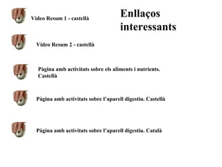 Vídeo Resum 1 - castellà Vídeo Resum 2 - castellà Pàgina amb activitats sobre els aliments i nutrients. Castellà Pàgina amb activitats sobre l’aparell digestiu. Castellà Pàgina amb activitats sobre l’aparell digestiu. Català Enllaços interessants 