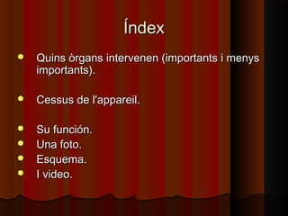 Índex


Quins òrgans intervenen (importants i menys
importants).



Cessus de l'appareil.



Su función.
Una foto.
Esquema.
I video.





 