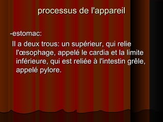 processus de l'appareil
-estomac:
Il a deux trous: un supérieur, qui relie
l'œsophage, appelé le cardia et la limite
inférieure, qui est reliée à l'intestin grêle,
appelé pylore.

 
