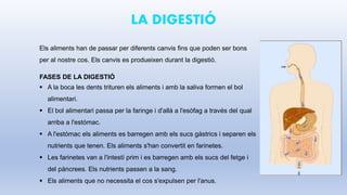LA DIGESTIÓ
Els aliments han de passar per diferents canvis fins que poden ser bons
per al nostre cos. Els canvis es produeixen durant la digestió.
FASES DE LA DIGESTIÓ
 A la boca les dents trituren els aliments i amb la saliva formen el bol
alimentari.
 El bol alimentari passa per la faringe i d'allà a l'esòfag a través del qual
arriba a l'estómac.
 A l'estómac els aliments es barregen amb els sucs gàstrics i separen els
nutrients que tenen. Els aliments s'han convertit en farinetes.
 Les farinetes van a l'intestí prim i es barregen amb els sucs del fetge i
del pàncrees. Els nutrients passen a la sang.
 Els aliments que no necessita el cos s'expulsen per l'anus.
 