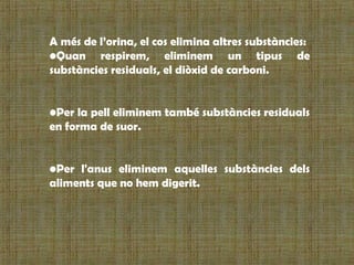 A més de l’orina, el cos elimina altres substàncies:
•Quan respirem, eliminem un tipus de
substàncies residuals, el diòxid de carboni.
•Per la pell eliminem també substàncies residuals
en forma de suor.
•Per l'anus eliminem aquelles substàncies dels
aliments que no hem digerit.
 