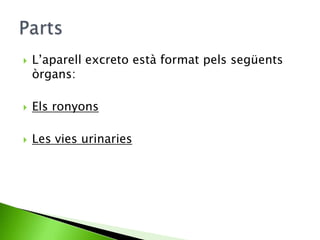 

L’aparell excreto està format pels següents
òrgans:



Els ronyons



Les vies urinaries

 