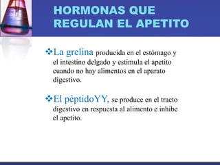 HORMONAS QUE
REGULAN EL APETITO
La grelina producida en el estómago y
el intestino delgado y estimula el apetito
cuando no hay alimentos en el aparato
digestivo.
El péptidoYY, se produce en el tracto
digestivo en respuesta al alimento e inhibe
el apetito.
 