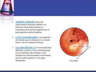  TOXOPLASMOSIS: Infección
relativamente frecuente debido a un
protozoo intracelular parasito, se
caracteriza en la forma congénita por la
participación cerebral hepática.
 CÁLCULOS BILIARES: son depósitos
de cristales que se forman en la vesícula
biliar o en los conductos biliares.
 ULCERA PÉPTICA: Es una herida bien
definida, circular u oval, causada porque
el revestimiento del estómago o del
duodeno ha sido lesionadao o erosionado
por los ácidos gástricos o los jugos
duodenales. ÚLCERA
 