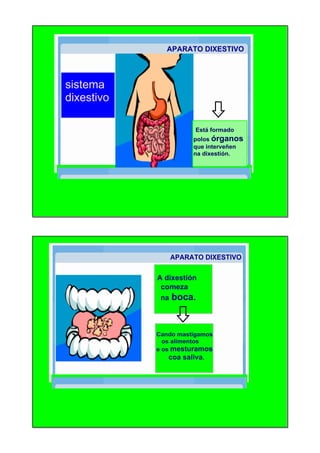  APARATO DIXESTIVO
 Está formado
polos órganos
que interveñen
na dixestión.
sistema 
dixestivo
 A dixestión
   comeza 
   na boca.
 Cando mastigamos 
    os alimentos 
 e os mesturamos
       coa saliva.
 APARATO DIXESTIVO
 