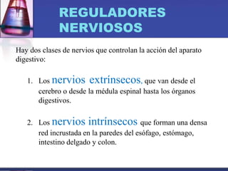 REGULADORES
NERVIOSOS
Hay dos clases de nervios que controlan la acción del aparato
digestivo:
1. Los nervios extrínsecos, que van desde el
cerebro o desde la médula espinal hasta los órganos
digestivos.
2. Los nervios intrínsecos que forman una densa
red incrustada en la paredes del esófago, estómago,
intestino delgado y colon.
 