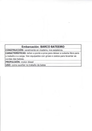 Embarcación: BARCO BATEEIRO
CONSTRUCCION: xeralmente en madeira, nos estaleiros.
CARACTERISTICAS: teñen a ponte a proa para deixar a cuberta Iibre para
o traballo e a carga. Van equipados con grúas e cestos para levantar as
cordas das bateas.
PROPULSIÓN: motor diesel
USO: como auxiliar no traballo da batea
 