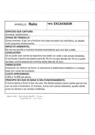 APARELLO: RAñO rlPo: EXCAVADOR
ESPECIES OUE CAPTURA:
Ameixas, berberichos.. .
ZONAS DE TRABALLO:
Zonas areosas. A pé, se a fondura non pasa do peito do mariñeiro, ou desde
unha pequena embarcación.
IMPACTO AMBIENTAL:
Se non se escolle o marisco levanta exemplares que non dan a talla.
LEXISLACION:
Só se pode usar cando as especies non están en veda e nas zonas sinaladas.
A lonxitude máxima da platina será de 70 cm e a dos dentes de 19 cm a partir
da base, cunha separación mínima entre eles de 15 mm.
FABRICACION:
Artesanal: en talleres de forxa. A estructura é totalmente metálica e o mango
faise con varas de eucalipto.
CUSTE APROXIMADO:
4.000 a 10.000 pts aprox.
PRINCIPIO NO OUE SE BASA O SEU FUNCIONAMENTO:
O home aplica aforza ó tirar da vara. Os dentes actúan como cuñas que se cra-
van na area e Ievántana. O marisco, xunto con outros obxectos, queda retido
entre os dentes e as varelas metálicas.
Ga¡,1CHA: "[.¡upit¿ ¿,4- AL;G, : l? u,^ -
SeVr'O-ra-ci i>*: L9 t¿vta.
I
 