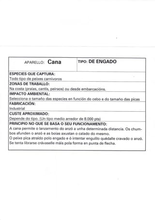 APARELLO: CANA TIPO: DE ENGADO
ESPECIES OUE CAPTURA:
Todo tipo de peixes carnívoros
ZONAS DE TRABALLO:
Na costa (praias, cantís, peiraos) ou desde embarcacións.
IMPACTO AMBIENTAL:
Selecciona o tamaño das especies en función do cebo e do tamaño das picas
,
FABRICACION:
lndustrial
CUSTE APROXIMADO:
Depende do tipo. (Un tipo medio arredor de 8.000 pts)
PRINCIPIO NO OUE SE BASA O SEU FUNCIONAMENTO:
A cana permite o lanzamento do anzó a unha determinada distancia. Os chum-
bos afunden o anzó e as boias axustan o calado do mesmo.
O peixe pica atraído polo engado e ó intentar engulilo quédalle cravado o anzó.
Se tenta librarse crávaselle máis pola forma en punta de flecha.
 
