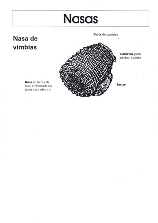Nosos
Porta de madeira
Nasa de
vimbias
Caravilla para
pechar a porta
Boca en forma de
funil e rematada en
picos cara adenko
 