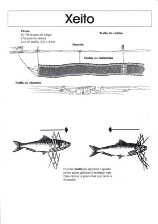 Xeito
Panos
60-70 brazas de longo
2brazas de altura
Luz de malla: 2,5 a 4 crn
Tralla do chumbo
Tralla do colcho
Calzas ou cadenetas
O peixe malla no aparello e queda
preso polas galadas ó intentar saír.
Para reürar a pesca hai que facer o
desmalle.
 