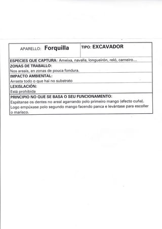 APARELLo: Forquilla rlPo: EXCAVADOR
ESpECIES OUE CAPTURA: Ameixa, navalla, longueirón, reló, carneiro..
ZONAS DE TRABALLO:
Nos areais, en zonas de pouca fondura.
IMPACTO AMBIENTAL:
Arrasta todo o que hai no substrato
LEXISLACION:
Está prohibida
PRINCIPIO NO OUE SE BASA O SEU FUNCIONAMENTO:
Espétanse os dentes no areal agarrando polo primeiro mango (efecto cuña).
Logo empúxase polo segundo mango facendo panca e levántase para escoller
o marisco.
 