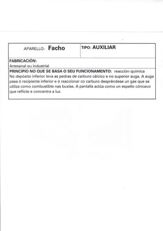 APARELLO: FAChO rlPo: AUXILIAR
FABRICACIÓN:
Artesanal ou industrial
PRINCIPIO NO OUE SE BASA O SEU FUNCIONAMENTO: reacción química
No depósito inferior leva as pedras de carburo cálcico e no superior auga. A auga
pasa ó recipiente inferior e ó reaccionar co carburo despréndese un gas que se
utiliza como combustible nas buxías. A pantalla actúa como un espello cóncavo
que reflicte e concentra a luz.
 