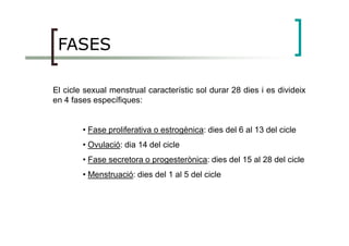 FASES
El cicle sexual menstrual característic sol durar 28 dies i es divideix
en 4 fases específiques:
• Fase proliferativa o estrogènica: dies del 6 al 13 del cicle
• Ovulació: dia 14 del cicle
• Fase secretora o progesterònica: dies del 15 al 28 del cicle
• Menstruació: dies del 1 al 5 del cicle
 