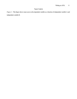Writing an APA        8

                                               Figure Caption

Figure 1. This figure shows mean score on the dependent variable as a function of independent variable A and

independent variable B.
 