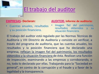 El trabajo del auditor
EMPRESAS- Declaran:           AUDITOR- Informe de auditoria:
• Cuentas anuales, resultados • Imagen fiel del patrimonio,
                                resultados obtenidos y su
  y su posición financiera.     situación financiera.
El trabajo del auditor está regulado por las Normas Técnicas de
Auditoría y VIII Directriz de Auditoría y consiste en verificar, a
través del programa de auditoria, que las cuentas anuales, los
resultados y la posición financiera que ha declarado una
empresa, reflejan la imagen fiel del patrimonio, los resultados
obtenidos y la situación financiera de ésta. Realizan una función
de inspección, examinando a las empresas y corroborando, o
no, todo lo declarado por ellas. Trabajando para la “Sociedad en
general”, en contra de la corrupción y el fraude y a favor de la
legalidad y la transparencia.
 