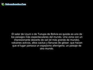 El salar de Uyuni o de Tunupa de Bolivia es quizás es uno de los paisajes más espectaculares del mundo. Una zona con un impresionante desierto de sal (el más grande de mundo), volcanes activos, altos cactus y llanuras de géiser, que hacen que el lugar parezca un espejismo alienígena, un paisaje de otro mundo. 