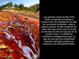 Las grandes minas de Río Tinto
     crean un paisaje surrealista e
incluso lunar. Su explotación no sólo
  ha consumido montañas, valles y
 aldeas enteras. El alto contenido en
 cobre del lugar hacer que el río que
lo atraviesa se tiña de rojo (de ahí el
      nombre ‘tinto’). La NASA ha
  realizado investigaciones aquí, ya
   que se cree que las condiciones
    naturales del lugar podrían ser
   similares a las del planeta Marte.
 