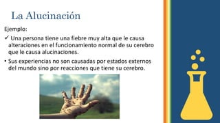 La Alucinación
Ejemplo:
 Una persona tiene una fiebre muy alta que le causa
alteraciones en el funcionamiento normal de su cerebro
que le causa alucinaciones.
• Sus experiencias no son causadas por estados externos
del mundo sino por reacciones que tiene su cerebro.
 