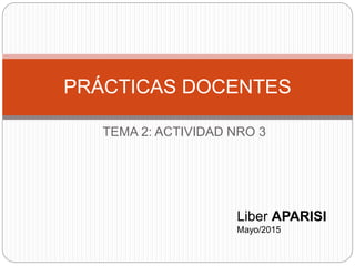 TEMA 2: ACTIVIDAD NRO 3
PRÁCTICAS DOCENTES
Liber APARISI
Mayo/2015
 