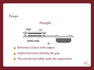Design

                       Principle




     Substrates etched with copper.
     Applied pressure deforms the gap.
     The circuits provided, reads the capacitance.
                                                     18
 
