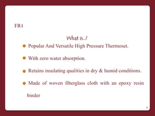 FR4

                       What is..?
      Popular And Versatile High Pressure Thermoset.

      With zero water absorption.

      Retains insulating qualities in dry & humid conditions.

      Made of woven fiberglass cloth with an epoxy resin

      binder

                                                                9
 