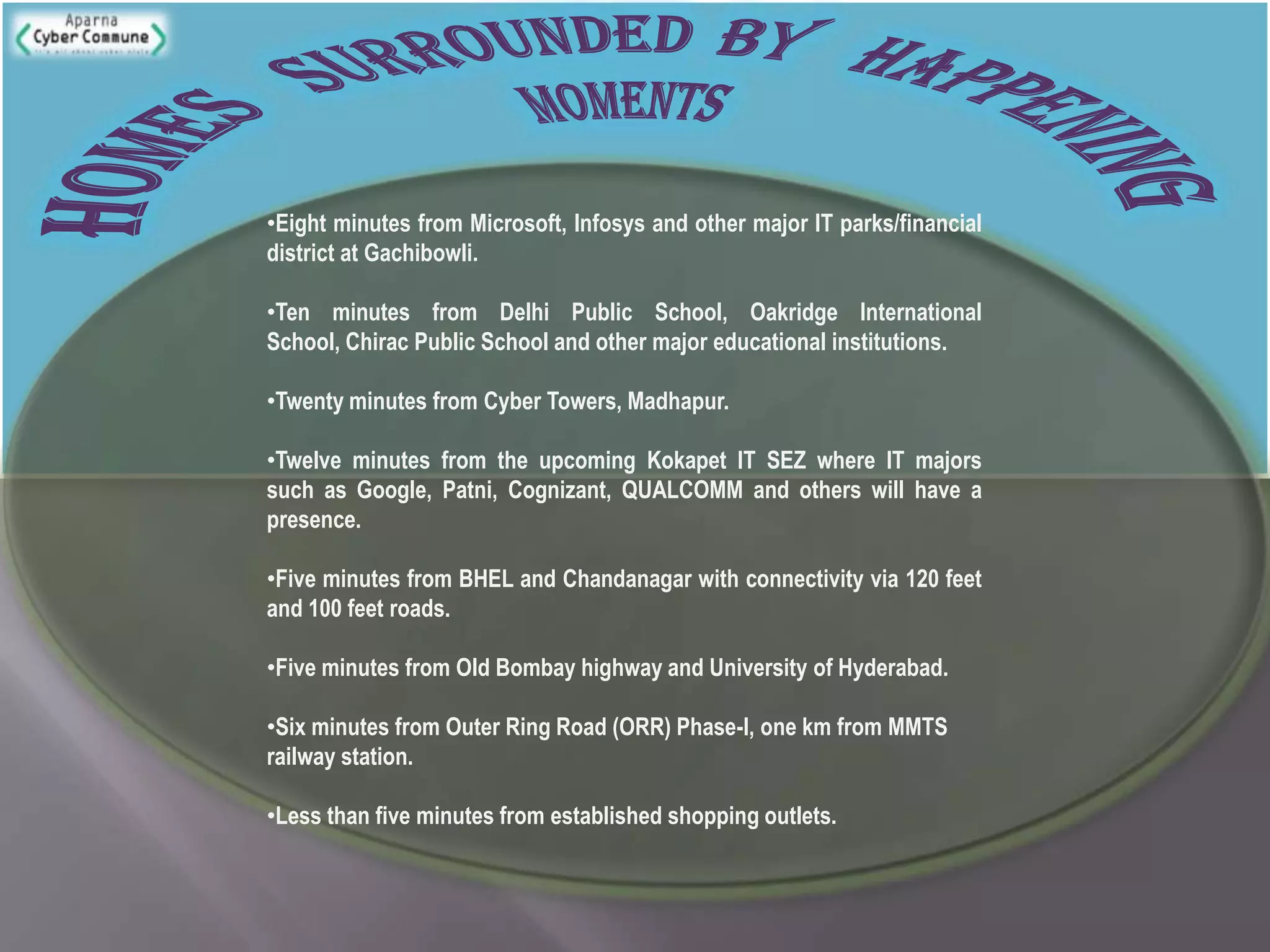 HomessurroundedbyhappeningmomentsEight minutes from Microsoft, Infosys and other major IT parks/financial district at Gachibowli.
