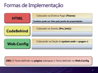 Formas de Implementação
                         Colocado na Diretiva Page (Theme)
    HTML
                      Também pode ser feito pela janela de propriedades


                         Colocado no Evento (Pre_Init())
CodeBehind

                         Colocando na Seção (<system.web><pages>)
 Web.Config



OBS: O Tema definido na página sobrepoe o Tema definido no Web.Config


                                                                          10
 