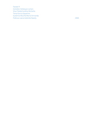 Equipo 4:
González Velázquez Leilani.
Silva Toledo Cynthia Michelle.
Torta García Jaqueline.
Gutiérrez Muciño María Fernanda.
Pedraza Loaiza Gabriela Naxely. 240A