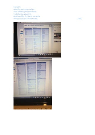 Equipo 4:
González Velázquez Leilani.
Silva Toledo Cynthia Michelle.
Torta García Jaqueline.
Gutiérrez Muciño María Fernanda.
Pedraza Loaiza Gabriela Naxely. 240A
 