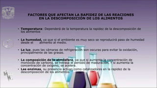 FACTORES QUE AFECTAN LA RAPIDEZ DE LAS REACIONES
EN LA DESCOMPOSICIÓN DE LOS ALIMENTOS
• Temperatura: Dependerá de la temperatura la rapidez de la descomposición de
los alimentos
• La humedad, ya que si el ambiente es muy seco se reproducirá paso de humedad
desde el alimento al medio.
• La luz, pues las cámaras de refrigeración son oscuras para evitar la oxidación,
principalmente de las grasas.
• La composición de la atmósfera, ya que si aumenta la concentración de
monóxido de carbono, se retrasa el periodo de maduración. Y si aumenta la
concentración de oxígeno, se acelera.
• Las enzimas, su presencia actúan como catalizadores en la rapidez de la
descomposición de los alimentos.
 