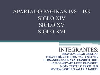 APARTADO PAGINAS 198 – 199
SIGLO XIV
SIGLO XV
SIGLO XVI
INTEGRANTES:
BRAVO AGUILAR CRISTIAN
CHÁVEZ DÍAZ DE LEÓN CARLOS SENEN
HERNÁNDEZ SALINAS ALEJANDRO FIDEL
JASSO NARVÁEZ LUCIA ELIZABETH
MOTA CASTILLO ERICK JAIR
RIVERA CASTILLO VALERIA JANETH
 