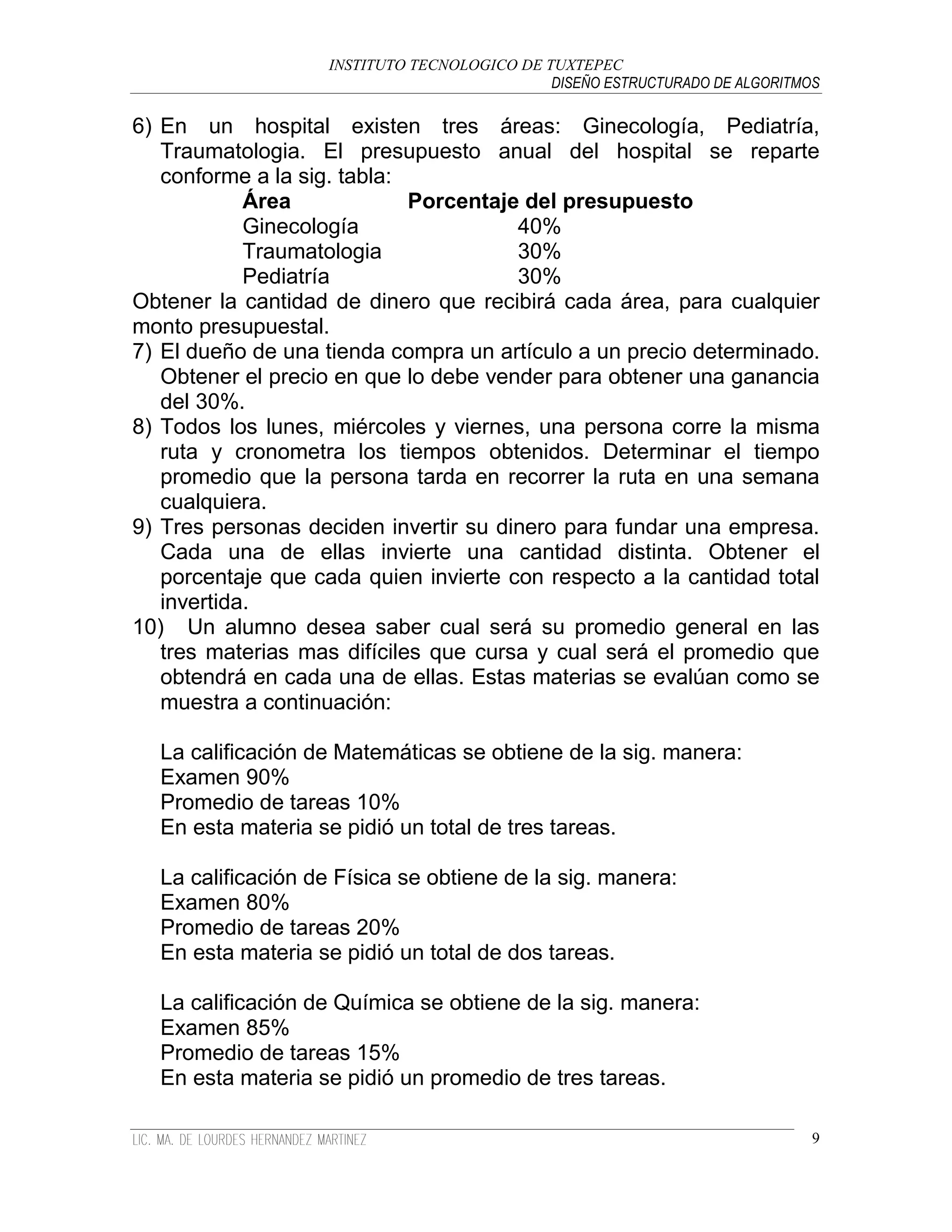 INSTITUTO TECNOLOGICO DE TUXTEPEC
                                              DISEÑO ESTRUCTURADO DE ALGORITMOS

6) En un hospital existen tres áreas: Ginecología, Pediatría,
   Traumatologia. El presupuesto anual del hospital se reparte
   conforme a la sig. tabla:
            Área             Porcentaje del presupuesto
            Ginecología                40%
            Traumatologia              30%
            Pediatría                  30%
Obtener la cantidad de dinero que recibirá cada área, para cualquier
monto presupuestal.
7) El dueño de una tienda compra un artículo a un precio determinado.
   Obtener el precio en que lo debe vender para obtener una ganancia
   del 30%.
8) Todos los lunes, miércoles y viernes, una persona corre la misma
   ruta y cronometra los tiempos obtenidos. Determinar el tiempo
   promedio que la persona tarda en recorrer la ruta en una semana
   cualquiera.
9) Tres personas deciden invertir su dinero para fundar una empresa.
   Cada una de ellas invierte una cantidad distinta. Obtener el
   porcentaje que cada quien invierte con respecto a la cantidad total
   invertida.
10) Un alumno desea saber cual será su promedio general en las
   tres materias mas difíciles que cursa y cual será el promedio que
   obtendrá en cada una de ellas. Estas materias se evalúan como se
   muestra a continuación:

  La calificación de Matemáticas se obtiene de la sig. manera:
  Examen 90%
  Promedio de tareas 10%
  En esta materia se pidió un total de tres tareas.

  La calificación de Física se obtiene de la sig. manera:
  Examen 80%
  Promedio de tareas 20%
  En esta materia se pidió un total de dos tareas.

  La calificación de Química se obtiene de la sig. manera:
  Examen 85%
  Promedio de tareas 15%
  En esta materia se pidió un promedio de tres tareas.

                                                                              9
 