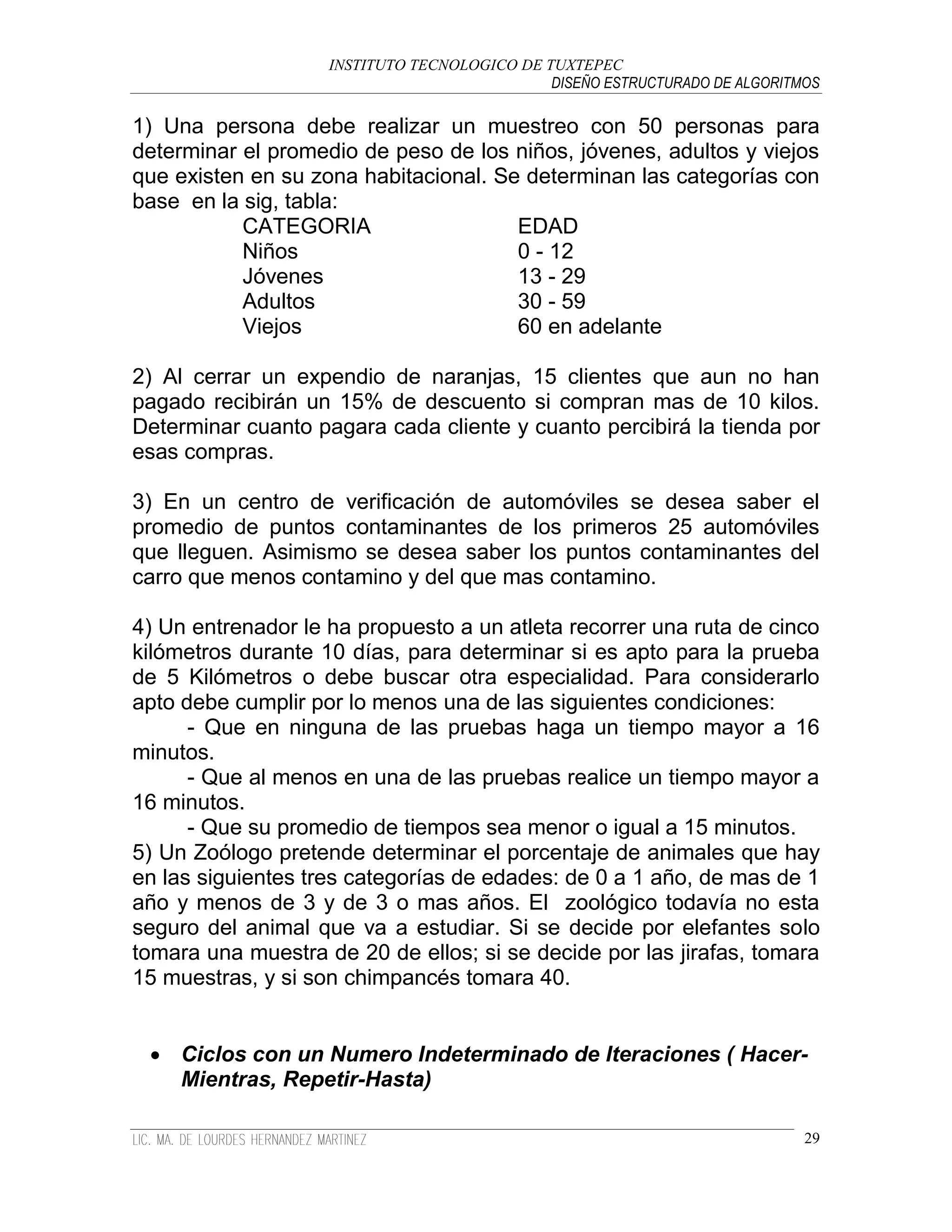 INSTITUTO TECNOLOGICO DE TUXTEPEC
                                              DISEÑO ESTRUCTURADO DE ALGORITMOS

1) Una persona debe realizar un muestreo con 50 personas para
determinar el promedio de peso de los niños, jóvenes, adultos y viejos
que existen en su zona habitacional. Se determinan las categorías con
base en la sig, tabla:
           CATEGORIA                   EDAD
           Niños                       0 - 12
           Jóvenes                     13 - 29
           Adultos                     30 - 59
           Viejos                      60 en adelante

2) Al cerrar un expendio de naranjas, 15 clientes que aun no han
pagado recibirán un 15% de descuento si compran mas de 10 kilos.
Determinar cuanto pagara cada cliente y cuanto percibirá la tienda por
esas compras.

3) En un centro de verificación de automóviles se desea saber el
promedio de puntos contaminantes de los primeros 25 automóviles
que lleguen. Asimismo se desea saber los puntos contaminantes del
carro que menos contamino y del que mas contamino.

4) Un entrenador le ha propuesto a un atleta recorrer una ruta de cinco
kilómetros durante 10 días, para determinar si es apto para la prueba
de 5 Kilómetros o debe buscar otra especialidad. Para considerarlo
apto debe cumplir por lo menos una de las siguientes condiciones:
      - Que en ninguna de las pruebas haga un tiempo mayor a 16
minutos.
      - Que al menos en una de las pruebas realice un tiempo mayor a
16 minutos.
      - Que su promedio de tiempos sea menor o igual a 15 minutos.
5) Un Zoólogo pretende determinar el porcentaje de animales que hay
en las siguientes tres categorías de edades: de 0 a 1 año, de mas de 1
año y menos de 3 y de 3 o mas años. El zoológico todavía no esta
seguro del animal que va a estudiar. Si se decide por elefantes solo
tomara una muestra de 20 de ellos; si se decide por las jirafas, tomara
15 muestras, y si son chimpancés tomara 40.


  Ciclos con un Numero Indeterminado de Iteraciones ( Hacer-
   Mientras, Repetir-Hasta)

                                                                             29
 