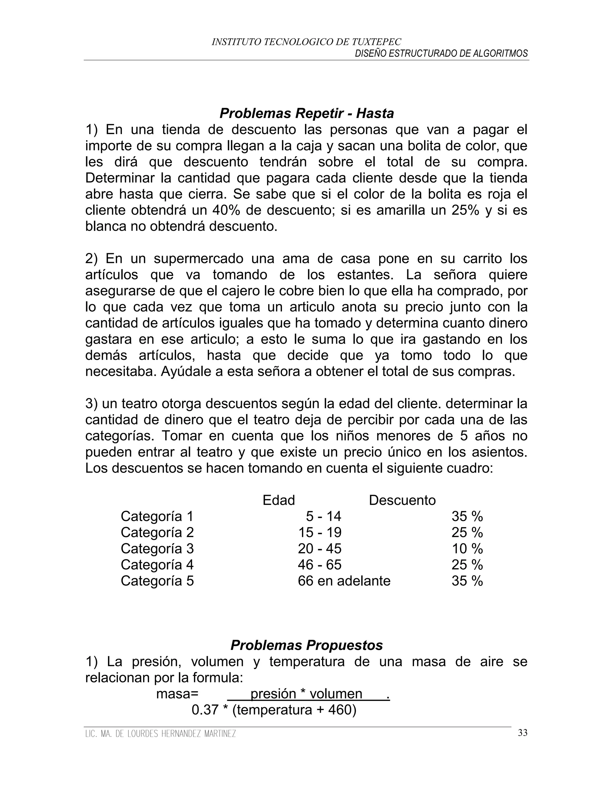INSTITUTO TECNOLOGICO DE TUXTEPEC
                                              DISEÑO ESTRUCTURADO DE ALGORITMOS




                     Problemas Repetir - Hasta
1) En una tienda de descuento las personas que van a pagar el
importe de su compra llegan a la caja y sacan una bolita de color, que
les dirá que descuento tendrán sobre el total de su compra.
Determinar la cantidad que pagara cada cliente desde que la tienda
abre hasta que cierra. Se sabe que si el color de la bolita es roja el
cliente obtendrá un 40% de descuento; si es amarilla un 25% y si es
blanca no obtendrá descuento.

2) En un supermercado una ama de casa pone en su carrito los
artículos que va tomando de los estantes. La señora quiere
asegurarse de que el cajero le cobre bien lo que ella ha comprado, por
lo que cada vez que toma un articulo anota su precio junto con la
cantidad de artículos iguales que ha tomado y determina cuanto dinero
gastara en ese articulo; a esto le suma lo que ira gastando en los
demás artículos, hasta que decide que ya tomo todo lo que
necesitaba. Ayúdale a esta señora a obtener el total de sus compras.

3) un teatro otorga descuentos según la edad del cliente. determinar la
cantidad de dinero que el teatro deja de percibir por cada una de las
categorías. Tomar en cuenta que los niños menores de 5 años no
pueden entrar al teatro y que existe un precio único en los asientos.
Los descuentos se hacen tomando en cuenta el siguiente cuadro:

                             Edad                Descuento
     Categoría 1                     5 - 14                     35 %
     Categoría 2                    15 - 19                     25 %
     Categoría 3                    20 - 45                     10 %
     Categoría 4                    46 - 65                     25 %
     Categoría 5                    66 en adelante              35 %



                        Problemas Propuestos
1) La presión, volumen y temperatura de una masa de aire se
relacionan por la formula:
           masa=            presión * volumen .
                  0.37 * (temperatura + 460)
                                                                             33
 