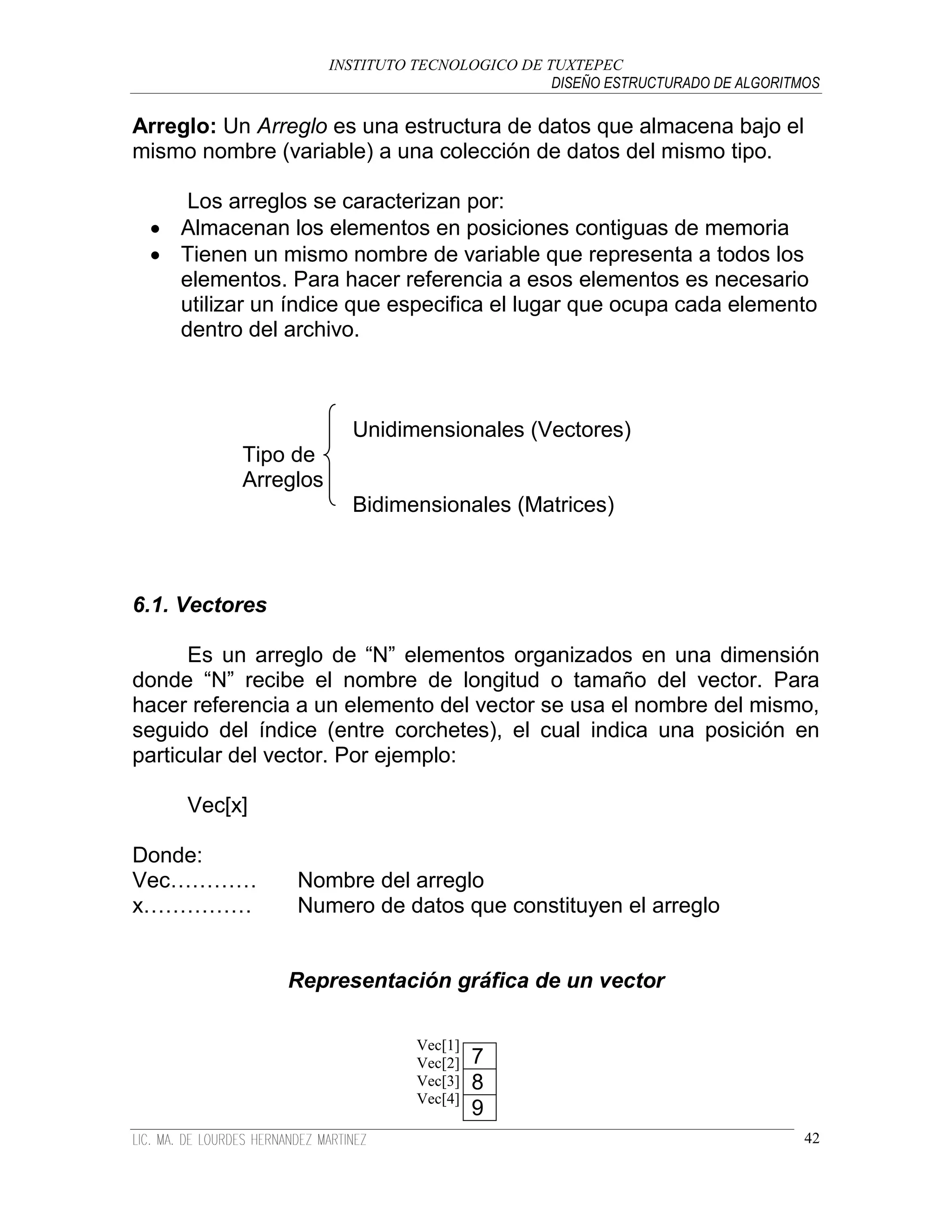 INSTITUTO TECNOLOGICO DE TUXTEPEC
                                                DISEÑO ESTRUCTURADO DE ALGORITMOS

Arreglo: Un Arreglo es una estructura de datos que almacena bajo el
mismo nombre (variable) a una colección de datos del mismo tipo.

    Los arreglos se caracterizan por:
  Almacenan los elementos en posiciones contiguas de memoria
  Tienen un mismo nombre de variable que representa a todos los
   elementos. Para hacer referencia a esos elementos es necesario
   utilizar un índice que especifica el lugar que ocupa cada elemento
   dentro del archivo.



                        Unidimensionales (Vectores)
           Tipo de
           Arreglos
                        Bidimensionales (Matrices)



6.1. Vectores

      Es un arreglo de “N” elementos organizados en una dimensión
donde “N” recibe el nombre de longitud o tamaño del vector. Para
hacer referencia a un elemento del vector se usa el nombre del mismo,
seguido del índice (entre corchetes), el cual indica una posición en
particular del vector. Por ejemplo:

     Vec[x]

Donde:
Vec…………         Nombre del arreglo
x……………          Numero de datos que constituyen el arreglo


                Representación gráfica de un vector

                                Vec[1]
                                Vec[2]   7
                                Vec[3]   8
                                Vec[4]
                                         9
                                                                               42
 