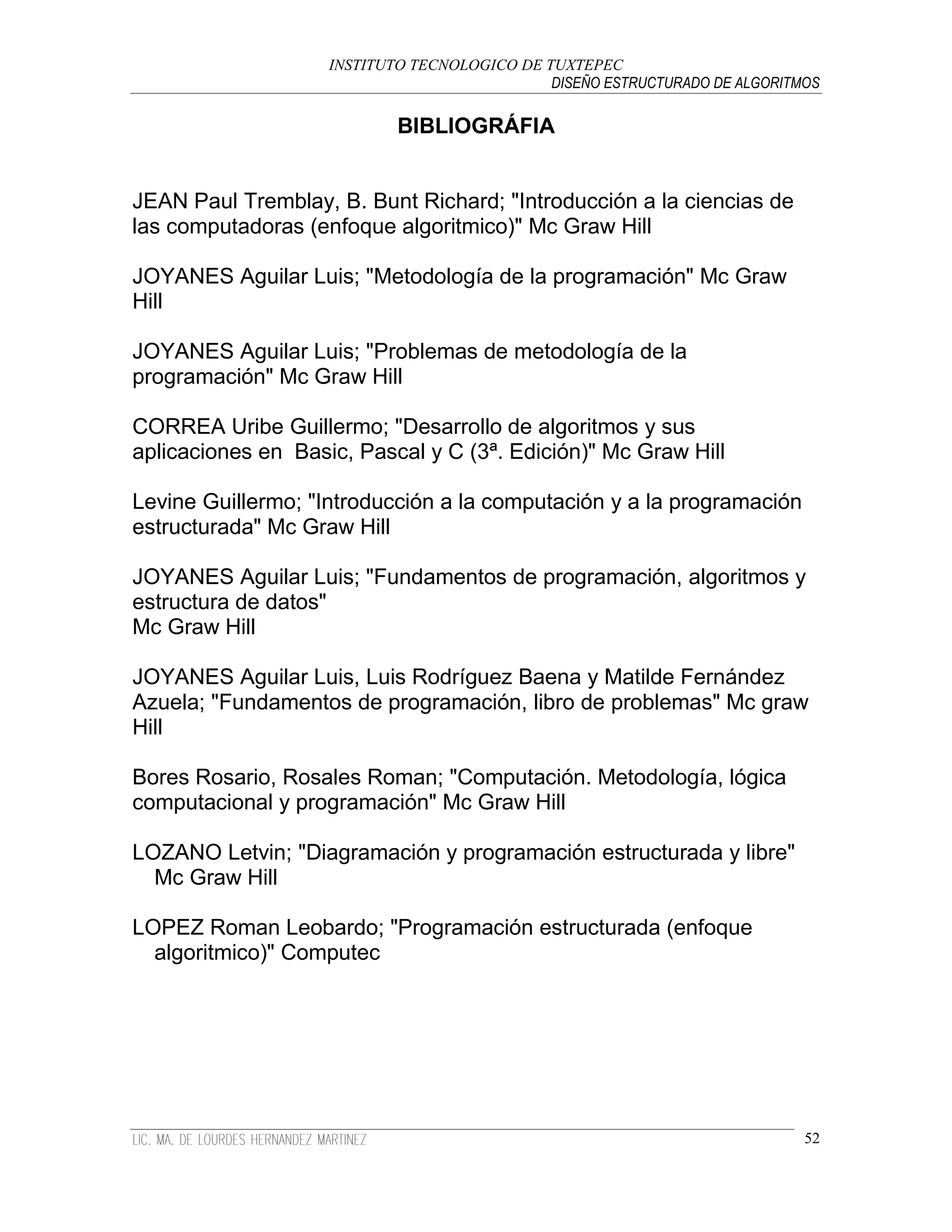 INSTITUTO TECNOLOGICO DE TUXTEPEC
                                              DISEÑO ESTRUCTURADO DE ALGORITMOS

                            BIBLIOGRÁFIA


JEAN Paul Tremblay, B. Bunt Richard; "Introducción a la ciencias de
las computadoras (enfoque algoritmico)" Mc Graw Hill

JOYANES Aguilar Luis; "Metodología de la programación" Mc Graw
Hill

JOYANES Aguilar Luis; "Problemas de metodología de la
programación" Mc Graw Hill

CORREA Uribe Guillermo; "Desarrollo de algoritmos y sus
aplicaciones en Basic, Pascal y C (3ª. Edición)" Mc Graw Hill

Levine Guillermo; "Introducción a la computación y a la programación
estructurada" Mc Graw Hill

JOYANES Aguilar Luis; "Fundamentos de programación, algoritmos y
estructura de datos"
Mc Graw Hill

JOYANES Aguilar Luis, Luis Rodríguez Baena y Matilde Fernández
Azuela; "Fundamentos de programación, libro de problemas" Mc graw
Hill

Bores Rosario, Rosales Roman; "Computación. Metodología, lógica
computacional y programación" Mc Graw Hill

LOZANO Letvin; "Diagramación y programación estructurada y libre"
  Mc Graw Hill

LOPEZ Roman Leobardo; "Programación estructurada (enfoque
  algoritmico)" Computec




                                                                             52
 