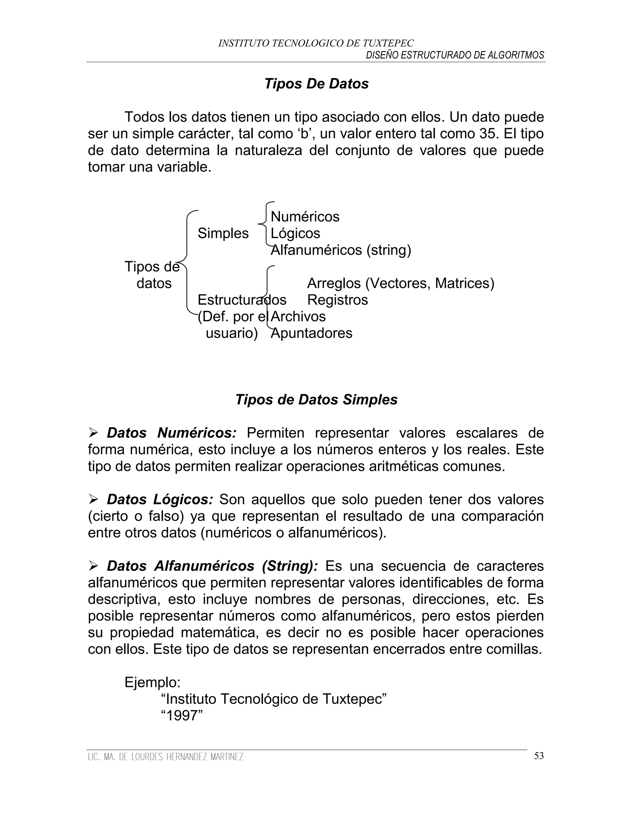 INSTITUTO TECNOLOGICO DE TUXTEPEC
                                               DISEÑO ESTRUCTURADO DE ALGORITMOS

                             Tipos De Datos

      Todos los datos tienen un tipo asociado con ellos. Un dato puede
ser un simple carácter, tal como „b‟, un valor entero tal como 35. El tipo
de dato determina la naturaleza del conjunto de valores que puede
tomar una variable.


                              Numéricos
                 Simples      Lógicos
                              Alfanuméricos (string)
     Tipos de
       datos                       Arreglos (Vectores, Matrices)
                 Estructurados Registros
                 (Def. por el Archivos
                  usuario) Apuntadores



                       Tipos de Datos Simples

 Datos Numéricos: Permiten representar valores escalares de
forma numérica, esto incluye a los números enteros y los reales. Este
tipo de datos permiten realizar operaciones aritméticas comunes.

 Datos Lógicos: Son aquellos que solo pueden tener dos valores
(cierto o falso) ya que representan el resultado de una comparación
entre otros datos (numéricos o alfanuméricos).

 Datos Alfanuméricos (String): Es una secuencia de caracteres
alfanuméricos que permiten representar valores identificables de forma
descriptiva, esto incluye nombres de personas, direcciones, etc. Es
posible representar números como alfanuméricos, pero estos pierden
su propiedad matemática, es decir no es posible hacer operaciones
con ellos. Este tipo de datos se representan encerrados entre comillas.

     Ejemplo:
         “Instituto Tecnológico de Tuxtepec”
         “1997”

                                                                              53
 