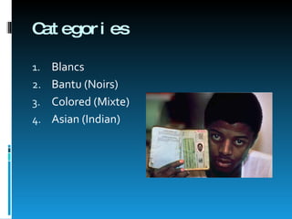 Categories Blancs Bantu (Noirs) Colored (Mixte) Asian (Indian) 