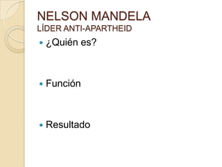  Da nombre a la política de segregación racial y de organización territorial que se aplicó en Sudáfrica a partir de 1944.DEFINICIÓN Separar las razas en el terreno jurídico.