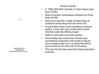 Rock-cut tombs C. 1900-1800 BCE, Dynasty 12, Beni Hasan (east bank of Nile) Rock-cut tombs: burial places hollowed out of the faces of cliffs Each tomb was like a single complex piece of sculpture carved away from the same rock A typical Beni Hasan tomb included an entrance portico, a main hall, and a shrine with a burial chamber under the offering chapel Walls in tomb were commonly painted Khnumhotep had a tomb here. Murals used symmetrical composition with panels of figures and inscriptions laid out on a horizontal-vertical grid focused on the niche with its  ka  statue This was the first step away from large burial place pyramids. 